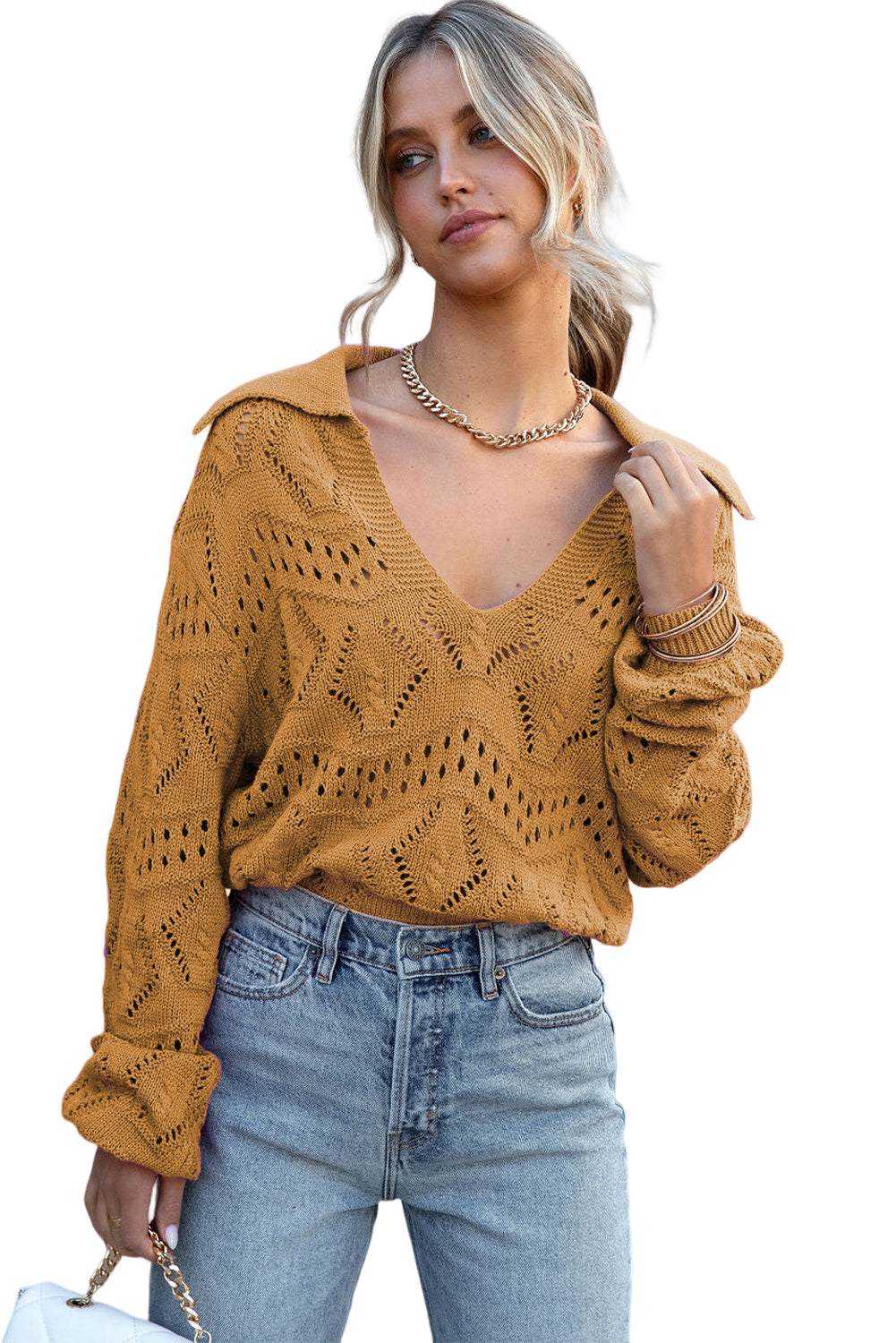 Khaki Hollowed Pattern Knit V Neck Collared Sweater