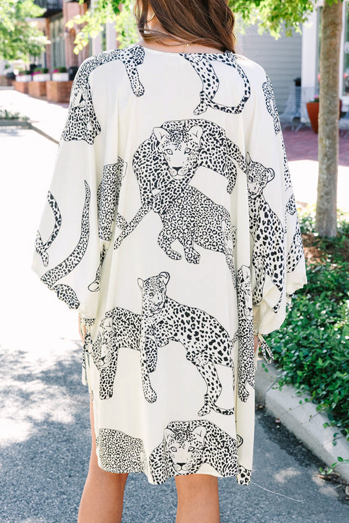 White Cheetah Print Loose Fit Open Front Kimono