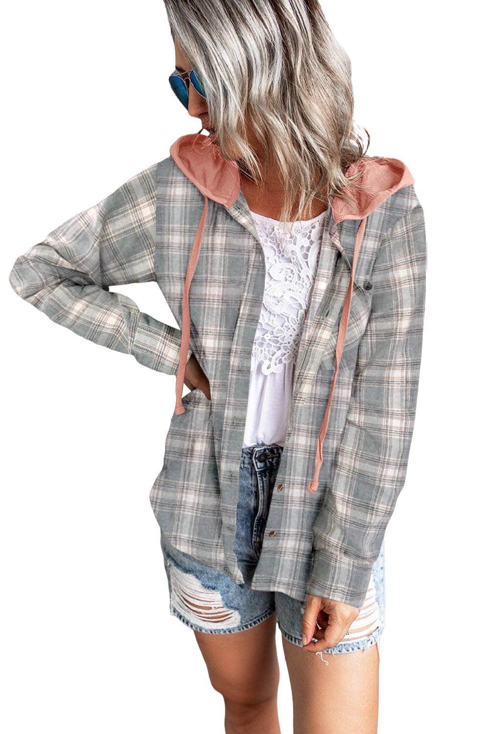 Khaki Drawstring Plaid Hooded Shacket