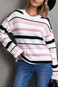 Pink Striped Crewneck Long Sleeve Sweater