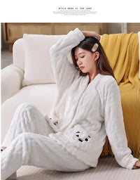 Thickened Warm Coral Velvet Pajamas Women's Autumn and Winter Padded Cartoon Bear Striped Flannel School Pajamas Winter Homewear