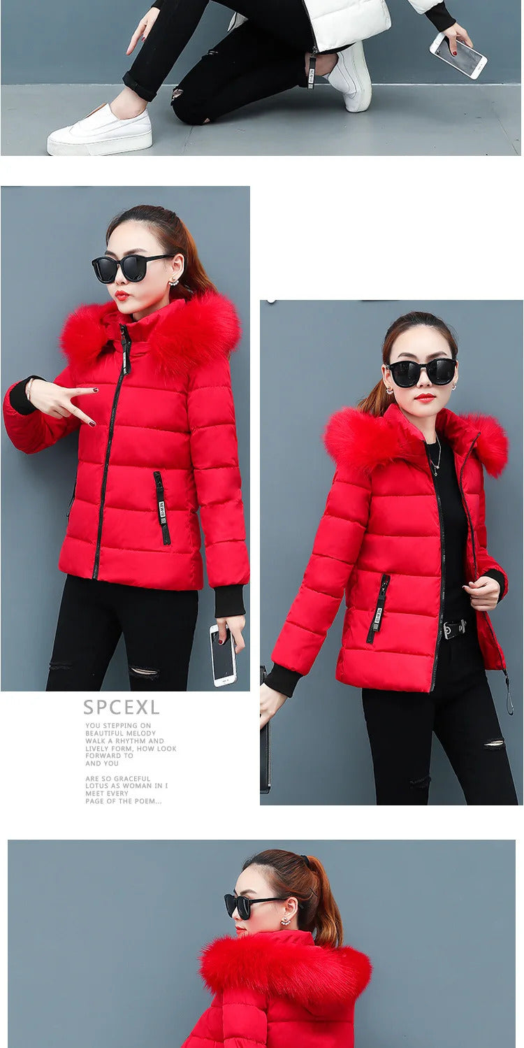 Zipper Fur Hooded Short Down Cotton Jacket Thickened Coat Fall Winter Casual Elegant Long Sleeve Warm Pockets Women Clothing New