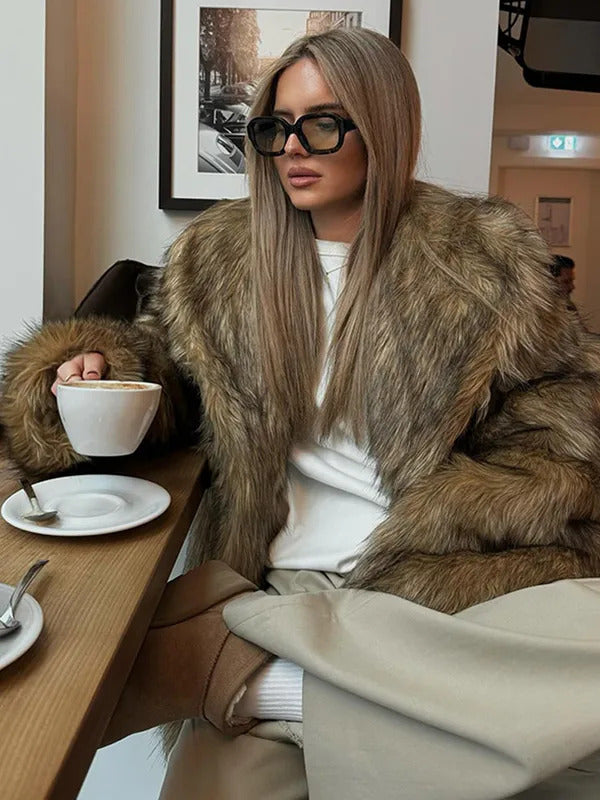 2025 Women Chic Brown Oversized Full Sleeve Plush Furry Jacket Winter Luxury Lapel Thicken Fluffy Fur Coat Lady High Streetwear