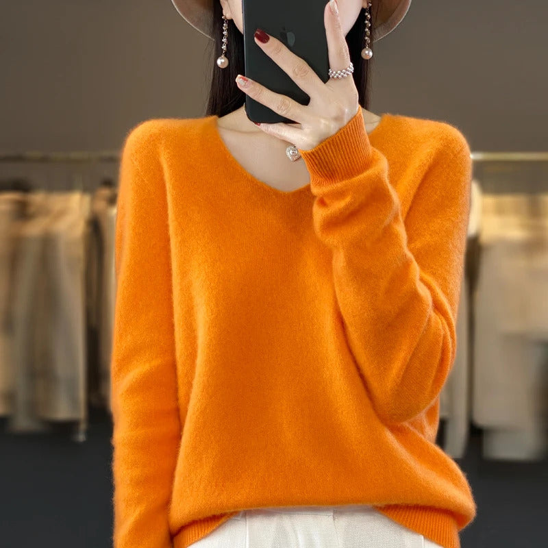 100% pure wool cashmere sweater women's V-neck pullover casual knit top autumn and winter women's coat Korean fashion