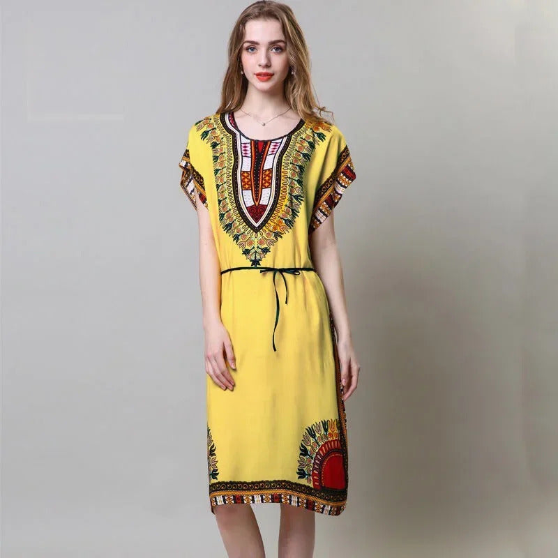 Bohemian National Style Leisure Holiday Beach Printed Poker Indonesia Floral O-neck Loose Midi Dress Pajamas Loungewear Woman