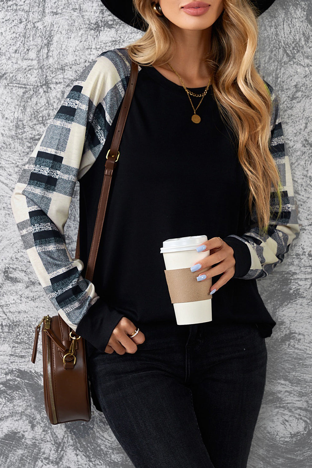 Blank Apparel - Monochrome Plaid Long Sleeves Black Pullover Top