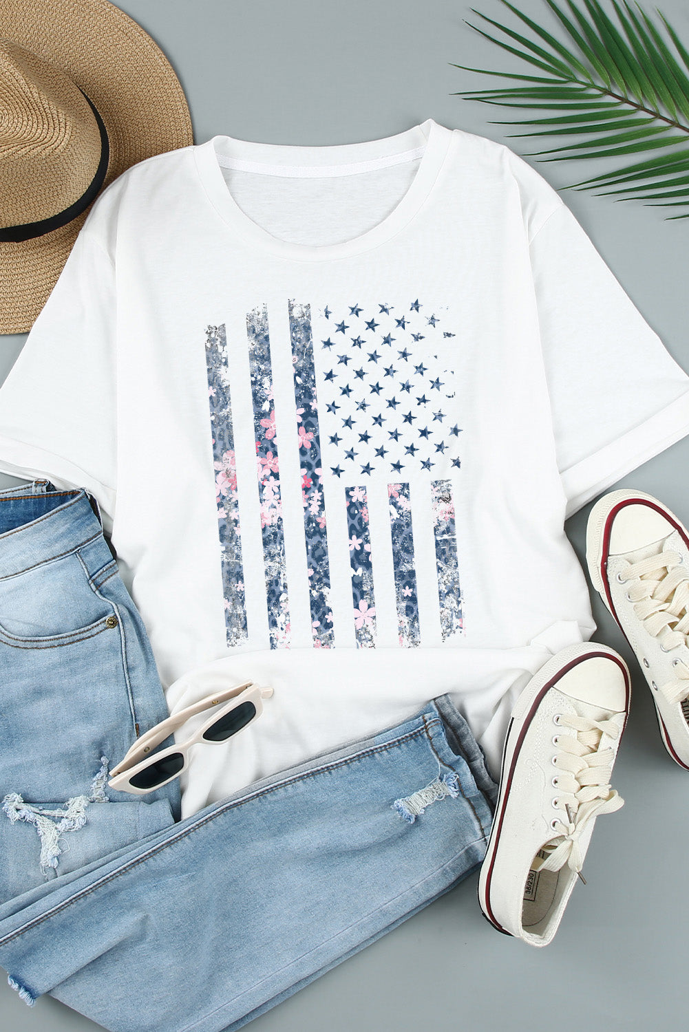 White Floral American Flag Graphic Tee