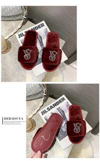 Female Home Cotton Slippers Women Autumn Winter Hairy Warm Footwear Fashion Letter Rhinestones Sandals Woman Casual Flat Shoes