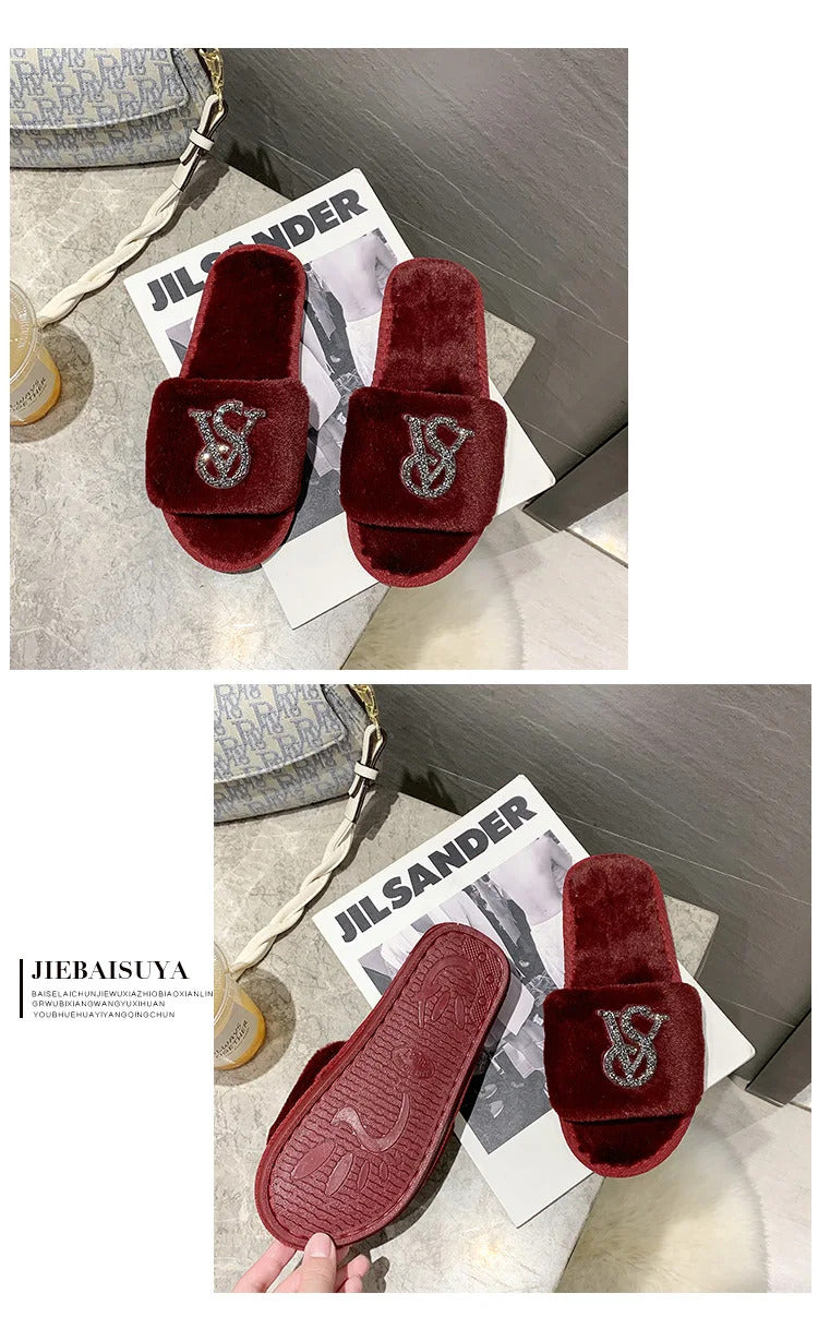 Female Home Cotton Slippers Women Autumn Winter Hairy Warm Footwear Fashion Letter Rhinestones Sandals Woman Casual Flat Shoes