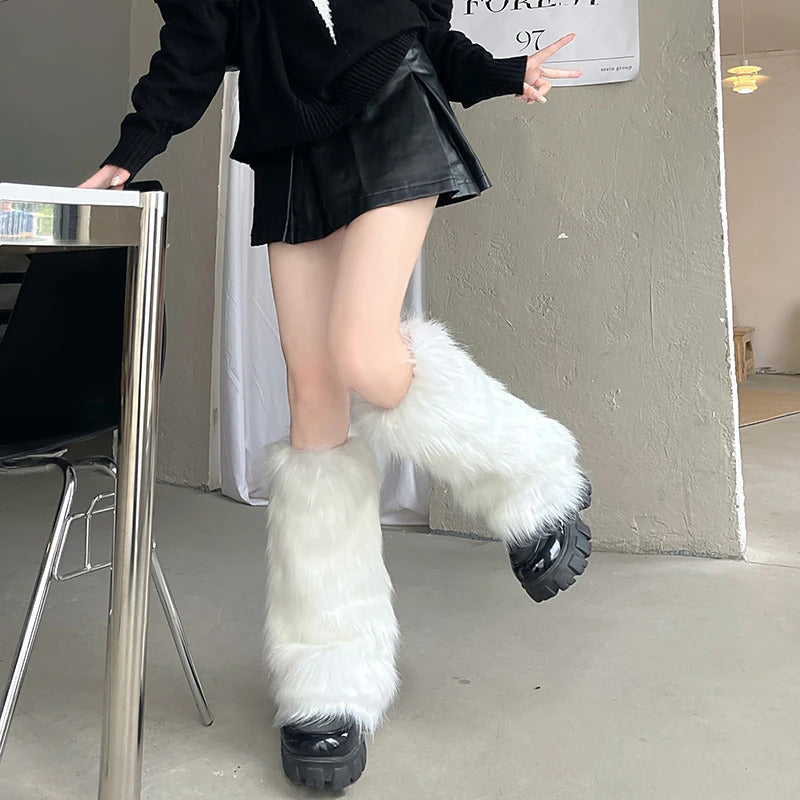 Japanese White Faux Fur Leg Warmers Boot Covers Y2K Goth Solid Leg Socks Punk Jk Knee-length Hiphop Hotgirl Fashion Warm Sock