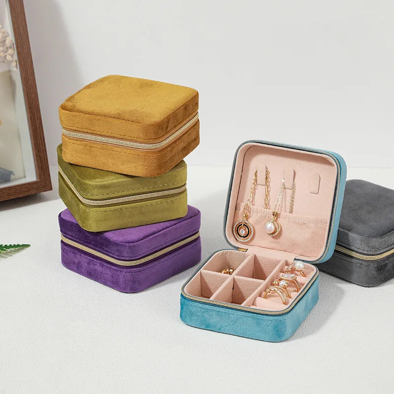 Velvet Jewelry Box For Women Necklace Ring Earrings Organizer Holder Travel Portable Zipper Square Jewelry Storage Case