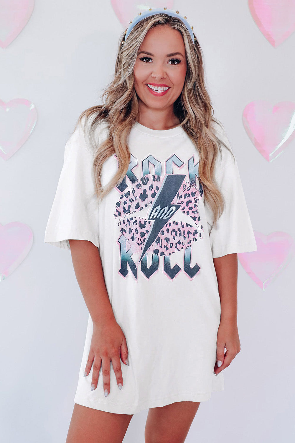 White ROCK AND ROLL Leopard Lip Lightning Oversized Graphic Tee