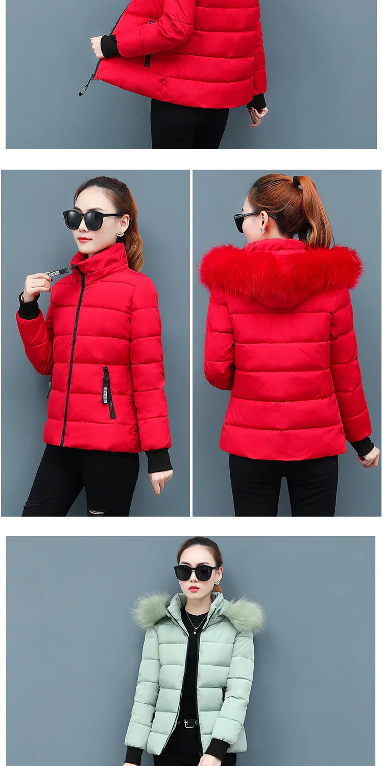 Zipper Fur Hooded Short Down Cotton Jacket Thickened Coat Fall Winter Casual Elegant Long Sleeve Warm Pockets Women Clothing New