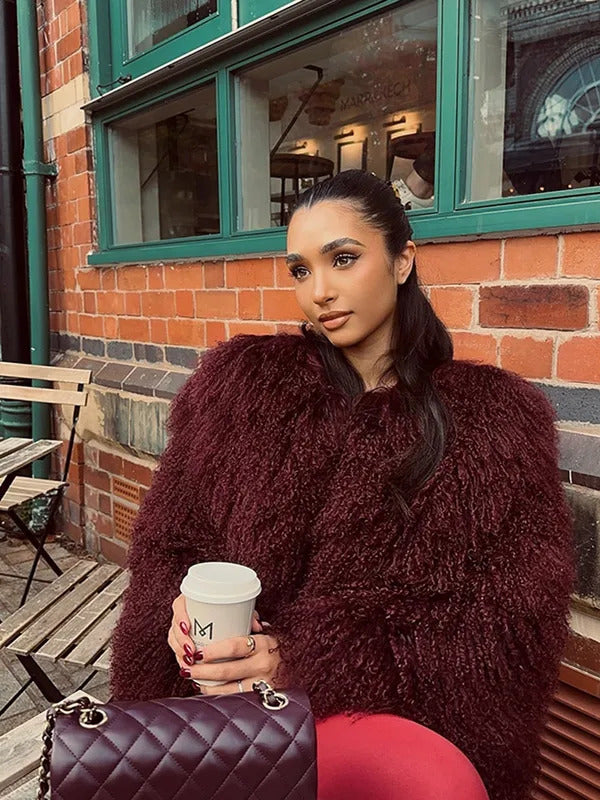 Retro Burgundy Tassels  Faux Fur Long Sleeves Short Coat Elegant Loose Turn-down Collar Jacket 2024 New Woman High Street Coats