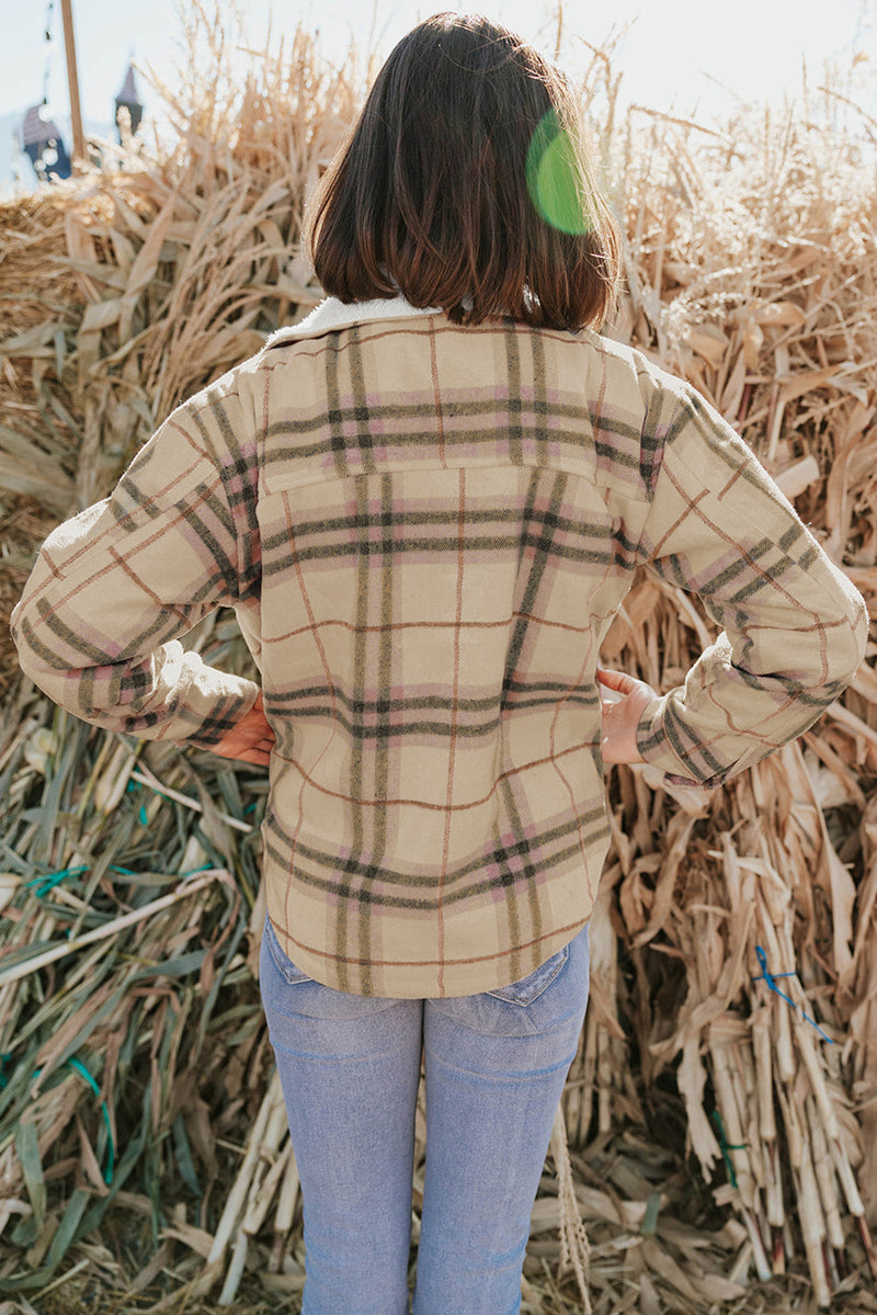 Pink Winter Sherpa Lined Plaid Shacket with Chest Pockets