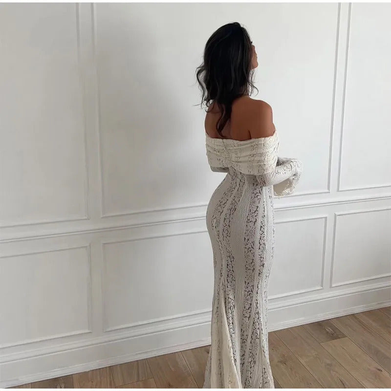 Elegant One Shoulder Lace Up Hollow Women's Dress Slim Fit See-through Long Sleeved Backless Robe 2024 Summer Lady Evening Gowns