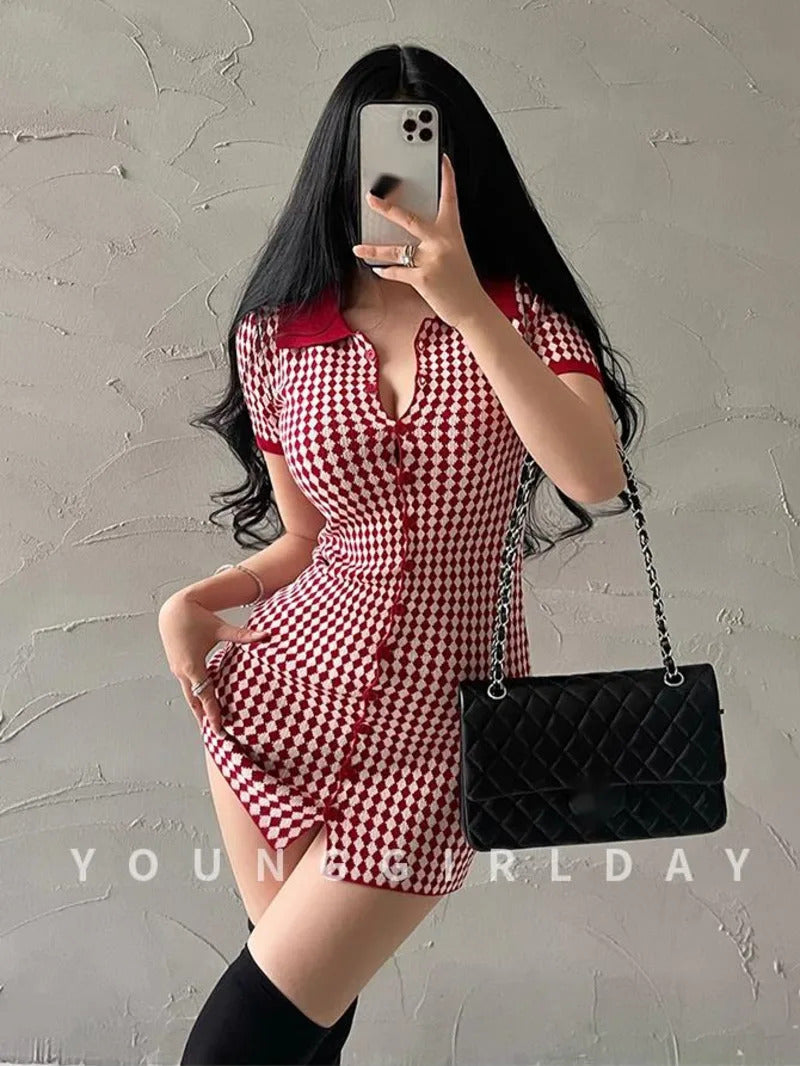 American Style Diamond Checkered Lapel Single Breasted Slim Short Sleeved Dress Elegant Tight Thin Dress T Shirt Mini Dress X0P7