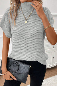 Light Grey Turtleneck Textured Short Sleeve Sweater