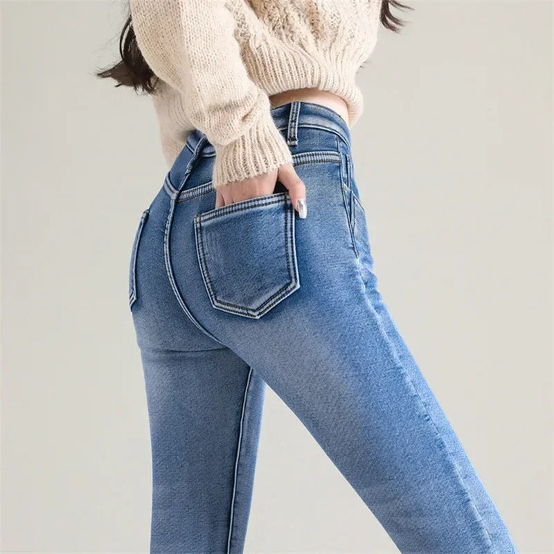 Women Thermal Skinny Jeans Mom Winter Warm Plush Stretch Jeans Lady Fleece Snow Denim Pants Student Pencil Straight Leg Trousers