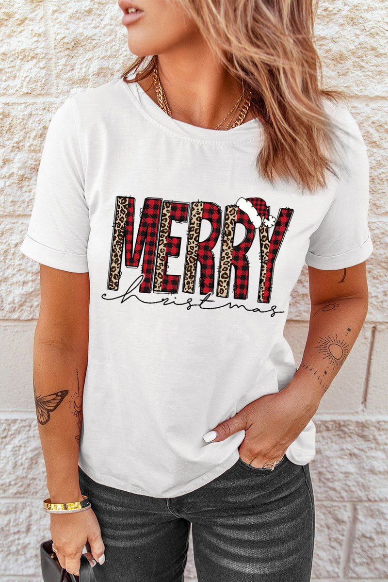 White Plaid Leopard MERRY Christmas Print T Shirt