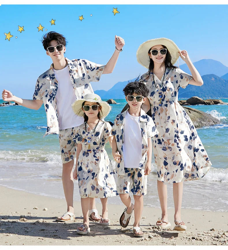 2024 Summer Holiday Family Vacation Look Clothes Dad and Son Shirts Two Piece Outfits Sets Mom and Daughter Short Sleeve Dress