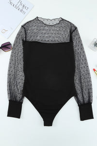 Polka Dot Mesh Splicing Long Sleeve Bodysuit