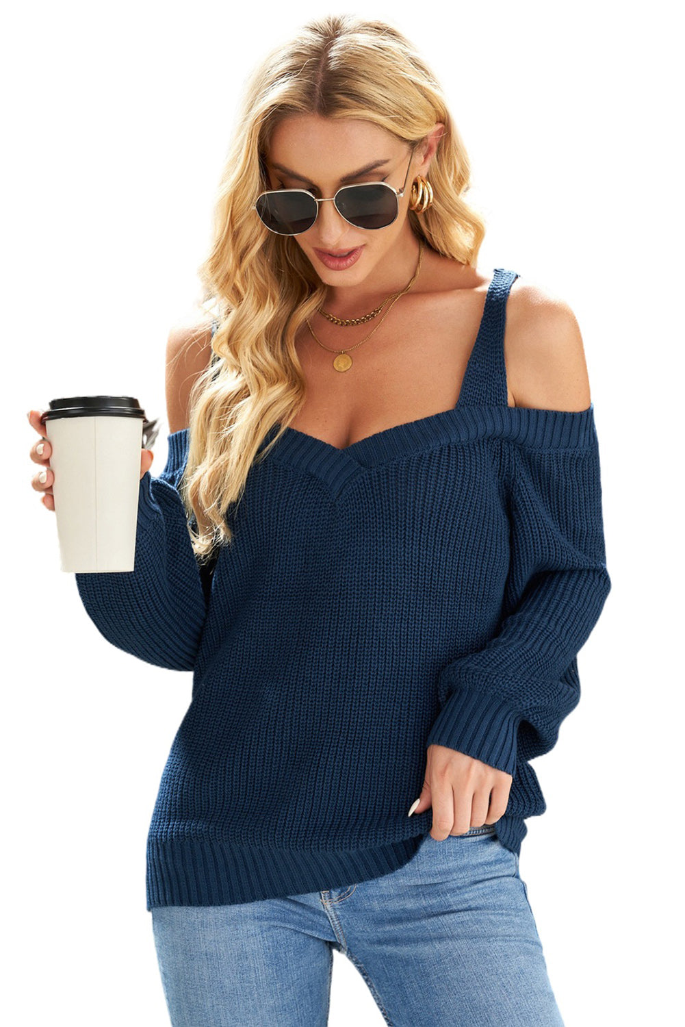 Dark Blue Dew Shoulder Juliette Knitted Sweater