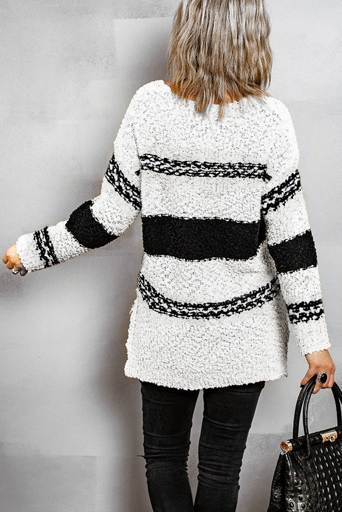 Striped Colorblock V Neck Long Sleeve Knitted Sweater