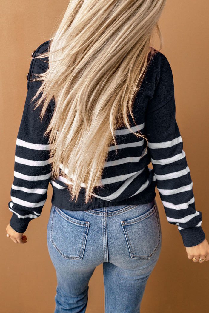 Blue Striped Turtleneck Long Sleeve Sweater with Buttons