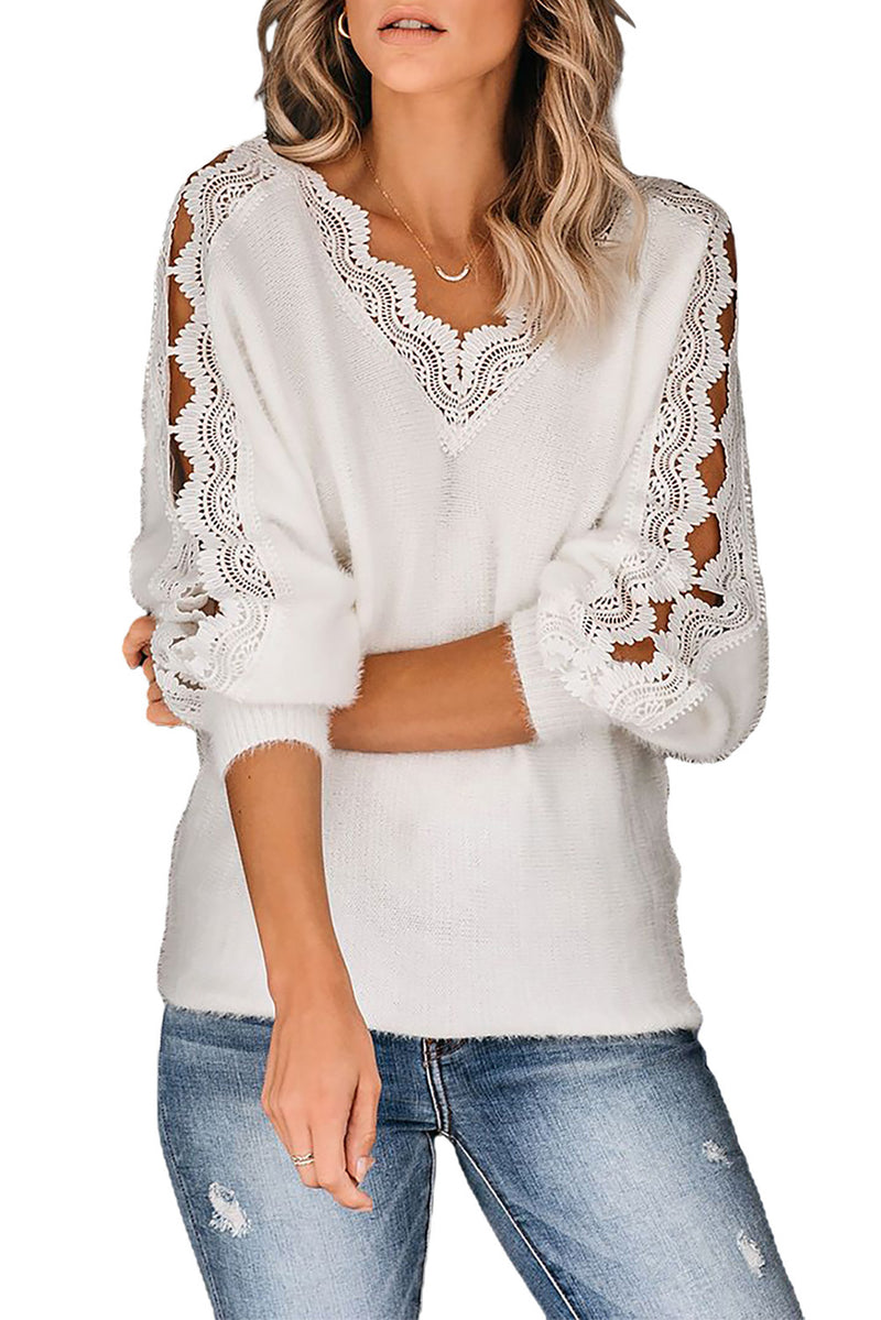 Gray Lace Splicing V Neck Pullover Sweater