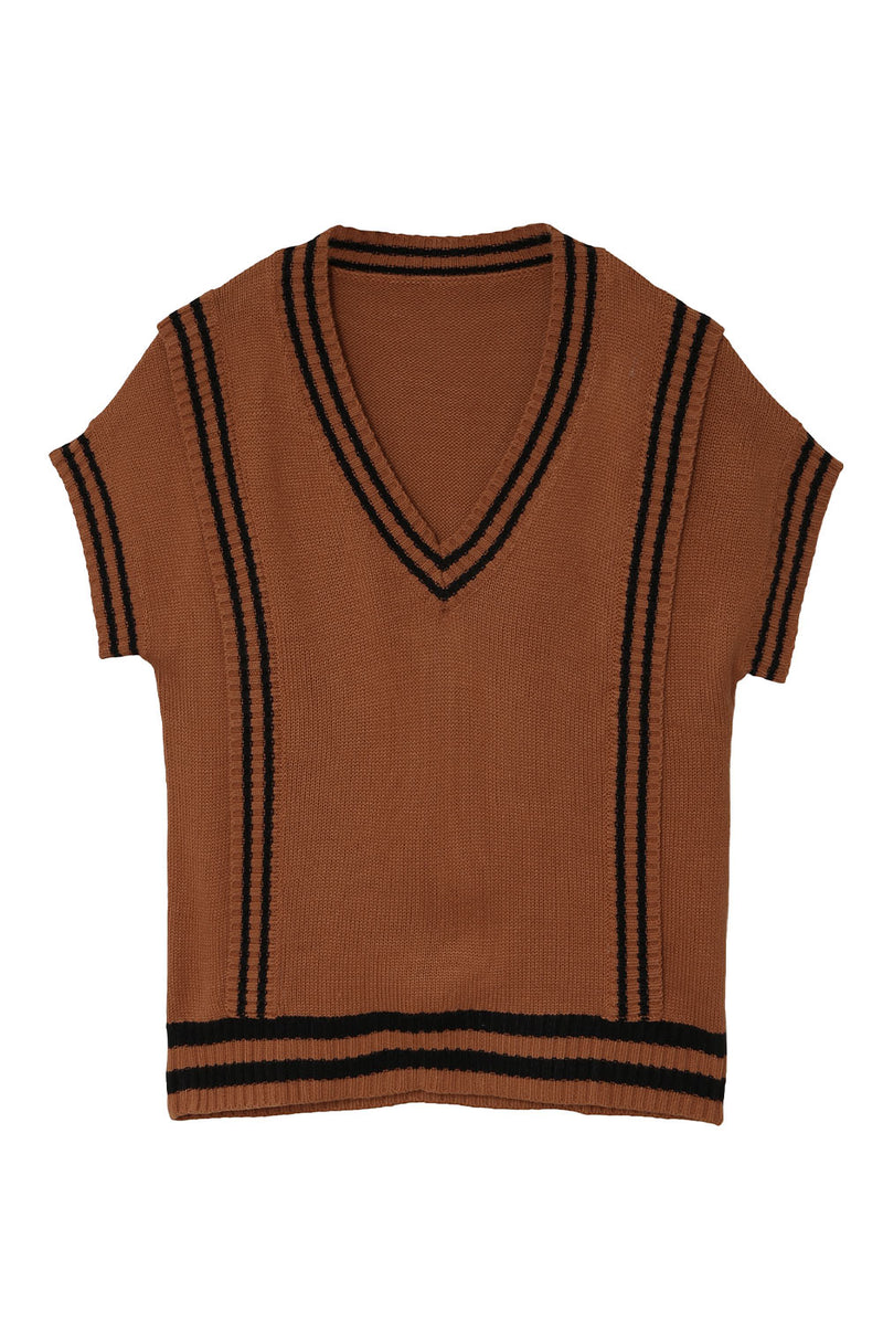 V Neck Contrast Stripes Trims Short Sleeve Sweater