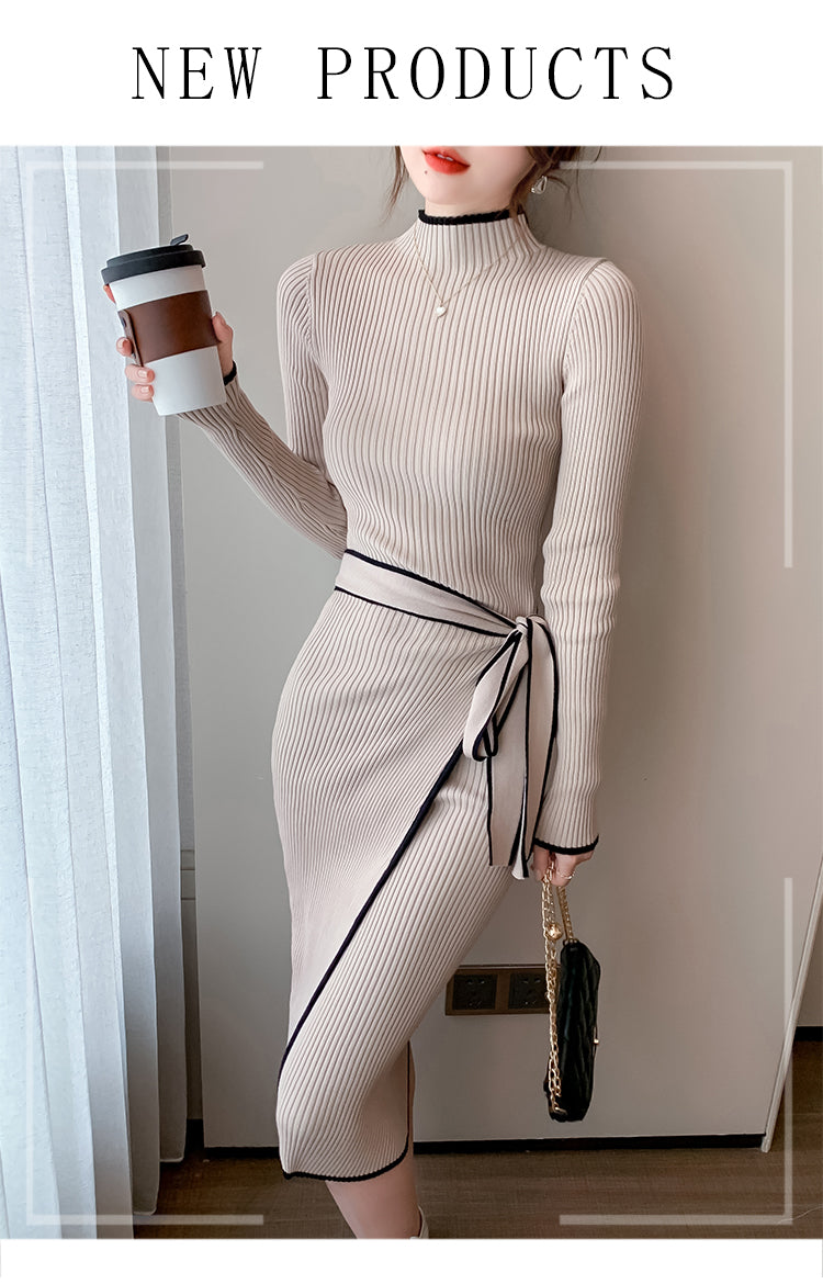 Women Knitted Dress New Autumn Winter Slim Lace-Up Long Sleeve Bottoming Sweater Skirt Elegant Fashion Office Female Vestidos