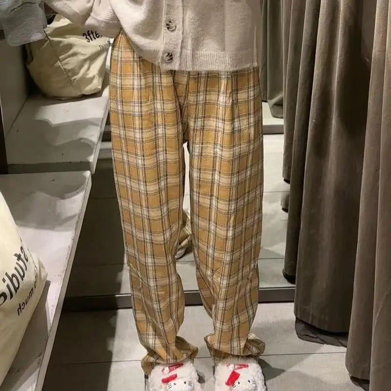 Padded Thickened Wide Leg Pants Winter LambswoolPlaid Pants Female High Waist Casual Straight Pants