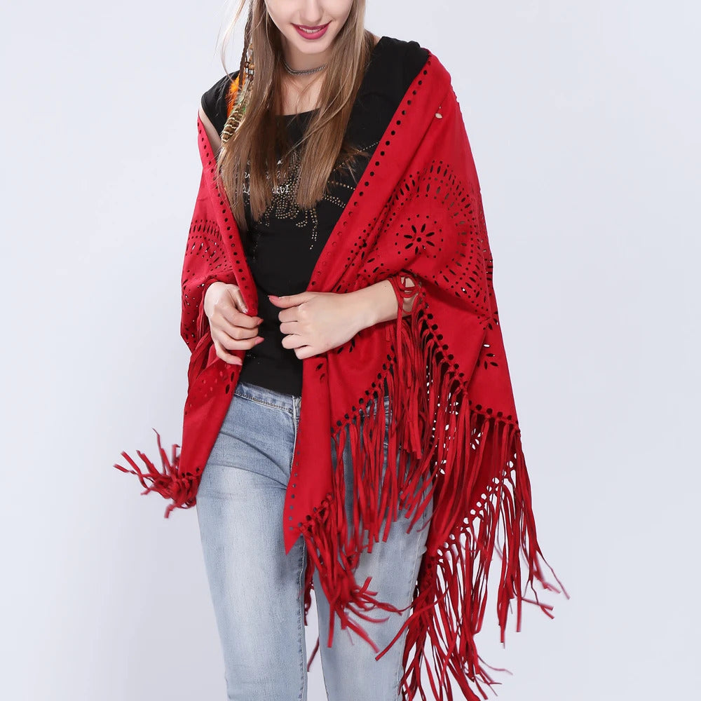 Women's Loose Suede Fringe Open Poncho Cloak Shawl Wrap with Punch Hole Patterns and Graceful Fringes Dropshipping