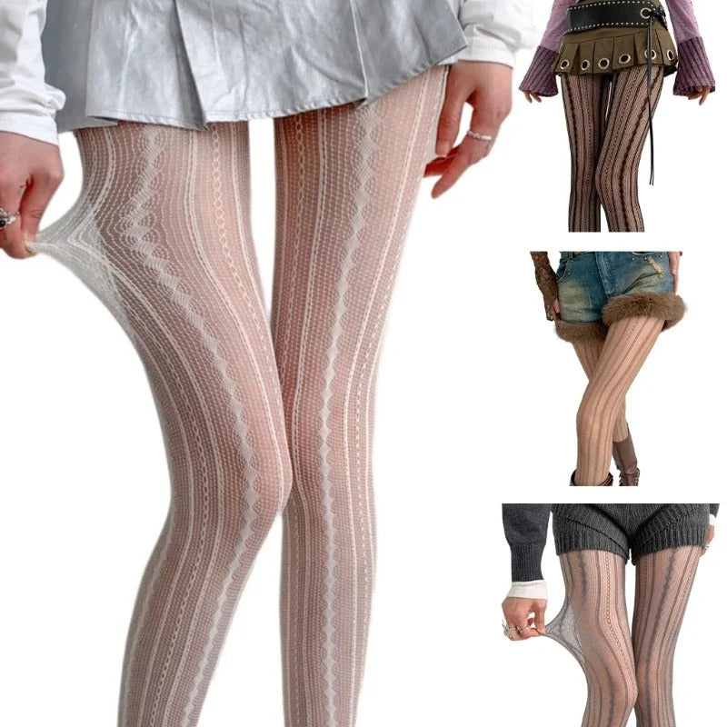 Hollowed Out Lace Tights Geometric Striped Patterned Fishnet Pantyhose for Women