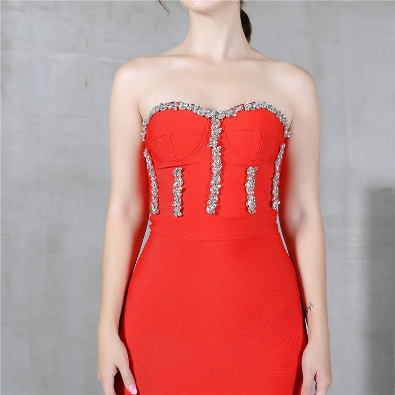 Sexy Strapless Women Dress Bandage Bodycon 2023 New Elegant Beading Party Evening Club Midi Dresses Summer Autumn Clothes