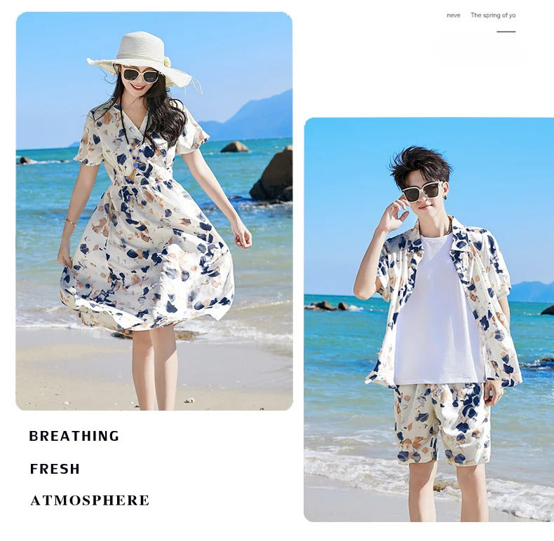 2024 Summer Holiday Family Vacation Look Clothes Dad and Son Shirts Two Piece Outfits Sets Mom and Daughter Short Sleeve Dress