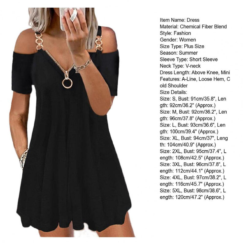 2023 Summer New Fashion Short Sleeve Solid Color Metal Zipper V Neck Casual Loose Mini Dress Loose Plus Size