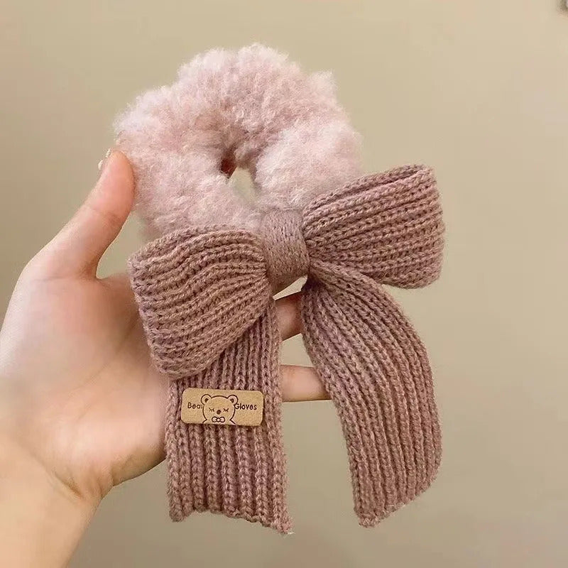 Autumn and Winter Gentle Knitted Wool Bow Hair Rope Girl's Sweet and Versatile Large Hair Ring Head Rope Hair Rubber Band