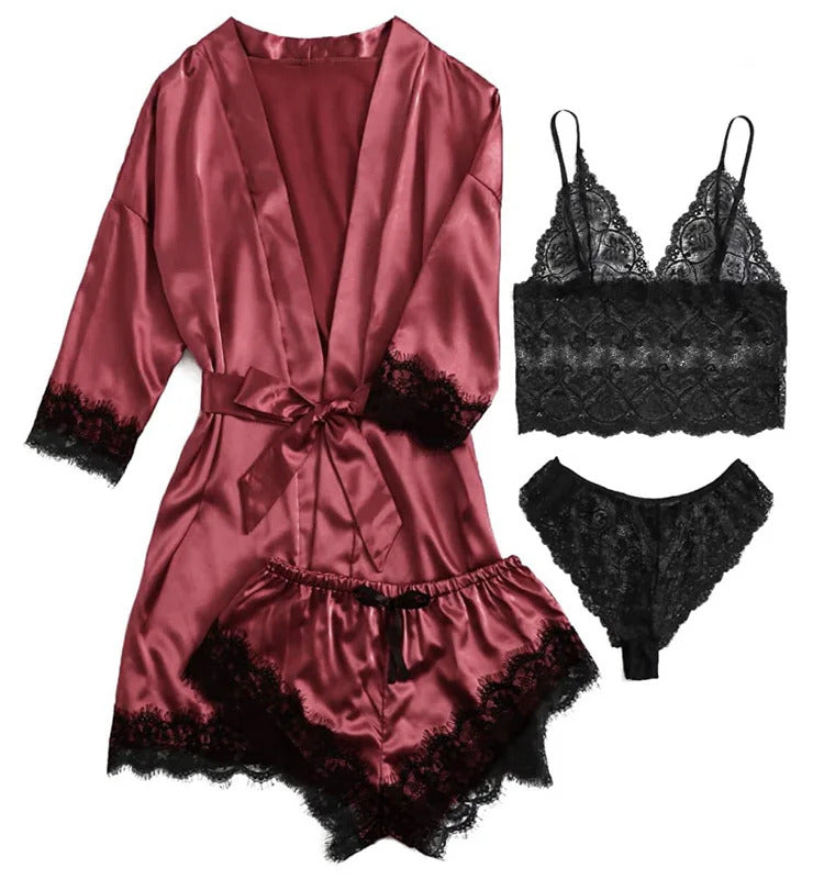 Women Fashion Pajama Print Sexy Lace Trim Faux Silk Satin Pajama Set Gown Skin Friendly Comfort Loungewear Sexy Pajamas