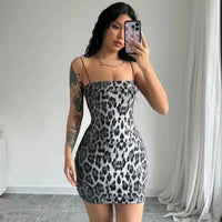 Dulzura Leopard Print Spaghetti Shoulder Strap Square Collar Mini Dress Sparkly Sequins 2023 Summer Women Party Club Y2K Clothes