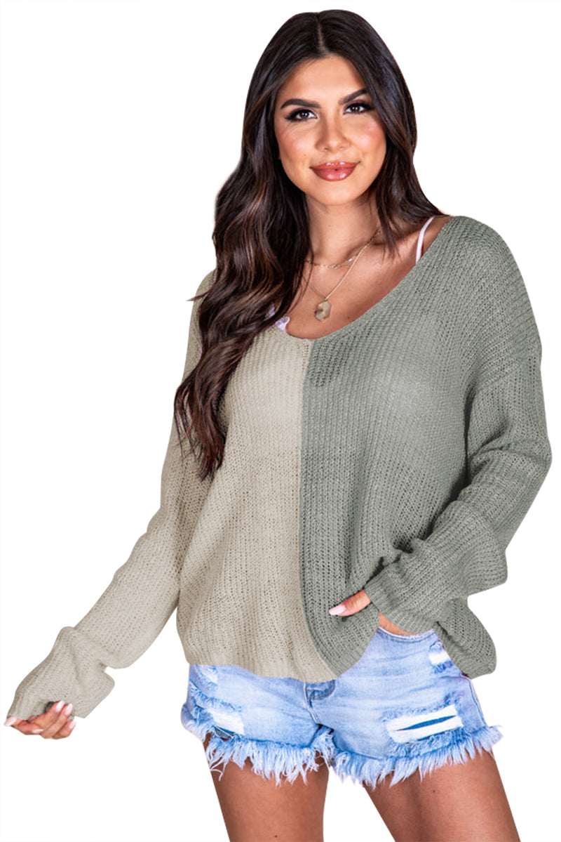 Gray Long Sleeve V-Neck Colorblock Sweater