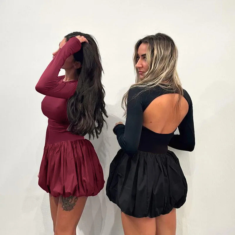 Trendix Burgundy Elegant Dress Women's Autumn Casual Long Sleeve Patchwork Ruffle Mini Dresses Sexy Backless Bodycon Party Dress