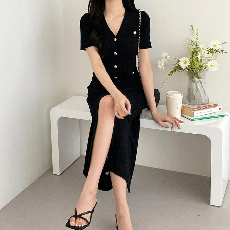 Summer Midi Dress Women Knitted Black Bodycon Korea Style Ruffle Ladies Dresses Elegant Fashion Casual Woman Dress 2024