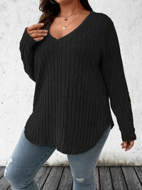 Women's Casual Plus Size 1XL-5XL  Fashion V Neck Long Sleeve T-Shirt  Solid Ribbed T-Shirt LadiesWomen's Plus Size Clothing