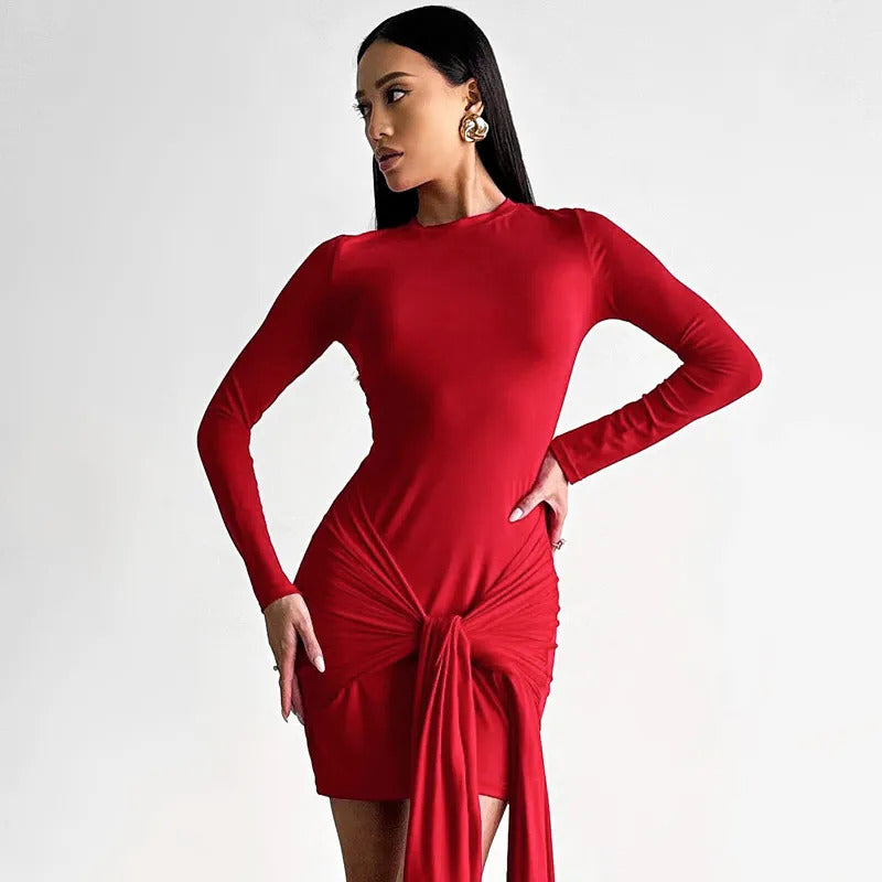 Hugcitar 2024 Fashion Solid Long Sleeve Bandage Ruched Sexy Bodycon Mini Dress Autumn Women Y2K Outfits Evening Party Festival