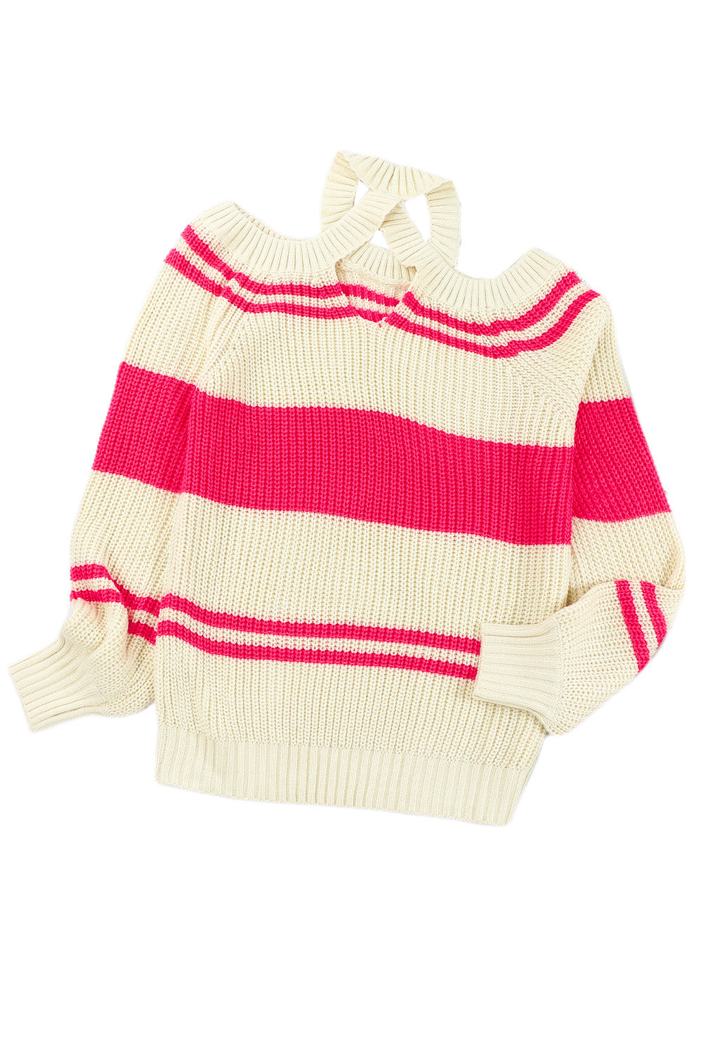 Pink Striped Cold Shoulder Knit Sweater