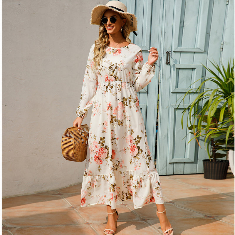 Women Maxi Dresses Sping Autumn Bohemian Casual Full Sleeve High Waist Beach Woman Chiffon Dresses Floral Vestidoes Long Dress