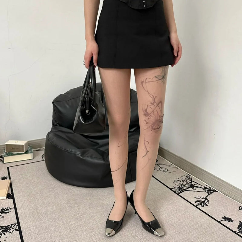 Sexy Women English Printed Stockings Dark Punk Butterfly Skin Tone Tattoo Jumpsuit Pantyhose Cosplay Lace Party Fishnets Tights