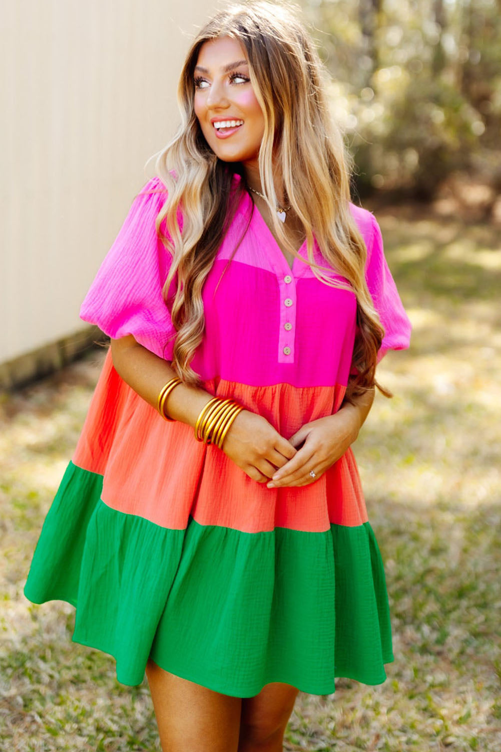 Women's Color Block Tiered Puff Sleeve Dress